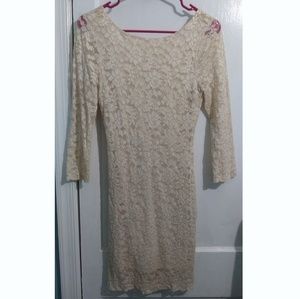 Form Fitting Long Sleeve Floral Off White Dress -S